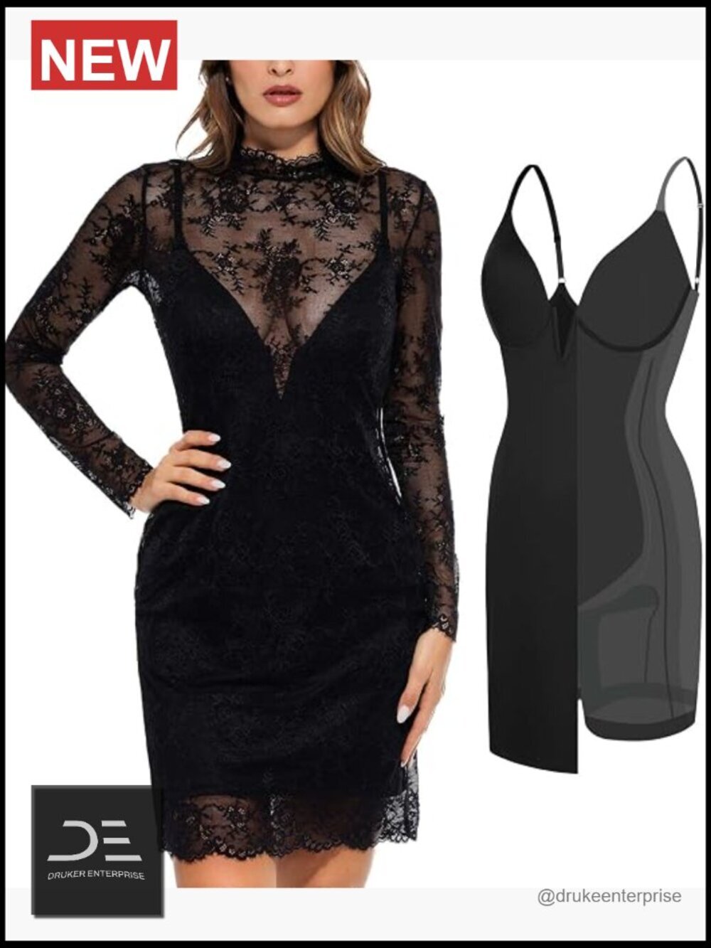 Lace Long Sleeve Shapewear Dress - Bodycon Mini Formal Guest Dress